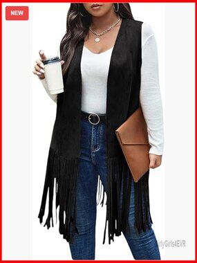 Plus Size Faux Suede Fringe Hem Open Front Vest Coat Sleeveless